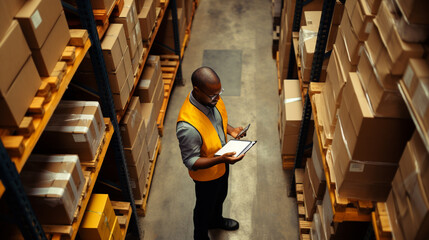 Logistics worker. Man working in a large distribution warehouse.