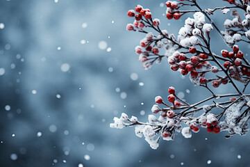 festive Christmas background with branches of red rowan berries in snow in winter