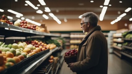 Mature man shopping in grocery store. Side view choosing fresh fruits and vegetables in supermarket