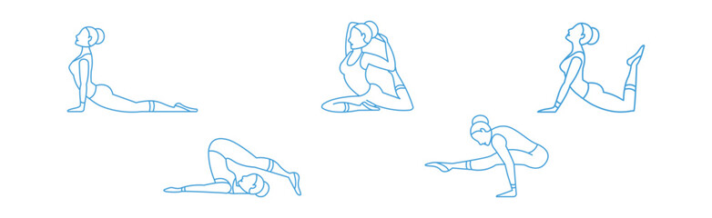 Woman Yoga Pose Line Icon for Body Stretching Exercises Vector Set