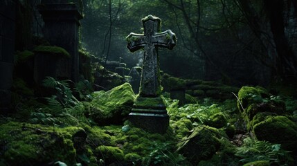 Deep inside a dark and misty forest are old forgotten and overgrown graves with cross shaped headstones covered in green moss, weather worn and eroded, mysteriously isolated graveyard hidden away. 