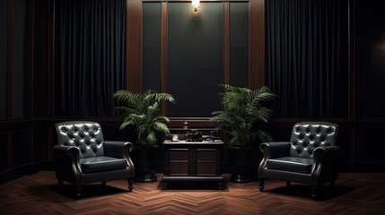 Waiting room with luxurious dark sofa, generated by AI