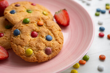 Homemade cookies made with flour, egg and chocolate chips