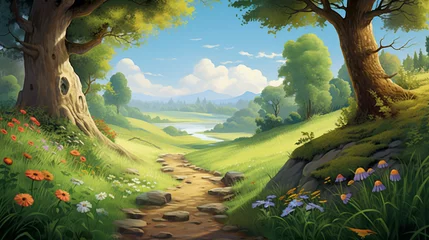 Zelfklevend Fotobehang landscape countryside cartoon scene background © piggu