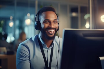 Fototapeta premium Portrait of a Handsome African Man, Customer Service Operator, Call Center Worker Talking Through Headset with Customer in Modern Office.