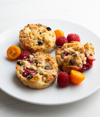 Individual crumbles filled with fruit and chocolate chips.