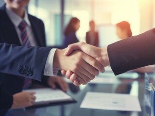 Business partners, people shaking hands, finishing up a meeting or negotiation in a modern office building. 
Teamwork, business handshake concept.. close-up.
