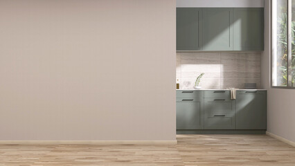 Blank beige wall living room, doorway to sage green cabinet, cupboard kitchen in sunlight from...