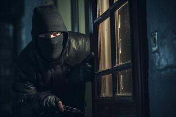 Maskierter Einbrecher an Fenster, erstelllt mit generativer KI - obrazy, fototapety, plakaty