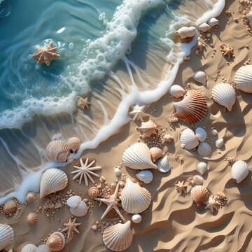sea ​​waves and shells on the sand background.