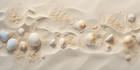 Aerial view of beautiful tropical beach with white sand and sea shells.