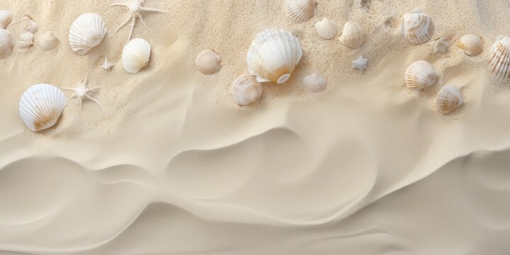 Aerial view of beautiful tropical beach with white sand and sea shells.