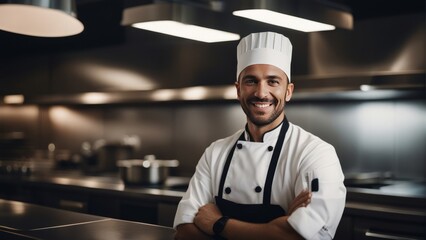 Portrait of a smiling male chef with hands crossed in the kitchen