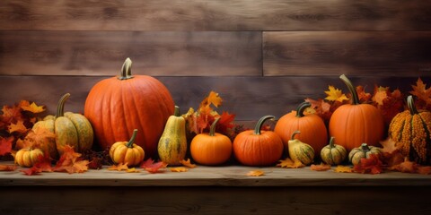 Rustic Arrangement of Pumpkins and Fall Leaves on a Wooden Background with Abundant Copy Space, Celebrating the Warmth and Beauty of Autumn in a Charming Seasonal Display
