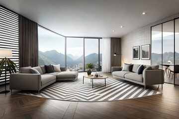 Monochrome living room with wood and grey tiling accents and chevron pattern rug 