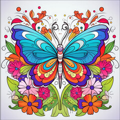 Colouring page for kids, a vibrant butterfly fluttering among colourful flowers AI Generated
