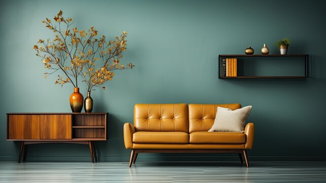 scandinavian retro interior design in bright vintage colors 