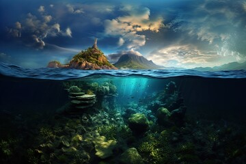 Obraz premium Underwater landscape with coral reef and tropical fish. 3d render. Beautiful island in the sea. 