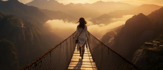 Deurstickers  Person Standing on a Suspension Bridge Near Majestic Mountains, Embracing a Breathtaking Vantage Point to Explore the Dramatic Landscape of Towering Peaks and Natural Wonders © Ben