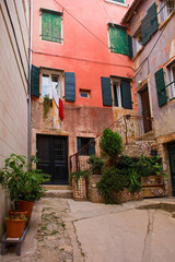Historic buildings in the old centre of the medieval coastal town of Rovinj in Istria, Croatia