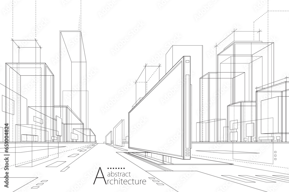 Poster 3d illustration abstract urban building black and white out-line drawing of imagination architecture