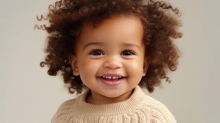 Naklejka premium A captivating portrait of a little girl with a bright smile on a neutral beige backdrop.