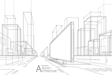 3D illustration abstract urban building black and white out-line drawing of imagination architecture building construction perspective design. - 651004824