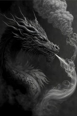 creative monochromatic pencil drawing fine art gigantic traditional chinese dragon curling across the page breathing smoke out of each nostril realistic shading fine art 