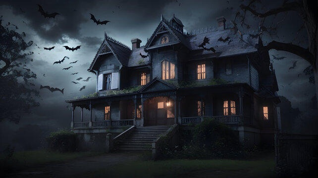 haunted house in the woods,Haunted House On a Moonlit Hill Surrounded by Dark Woods and bat are flying around creepy house old mansion horror bunglow