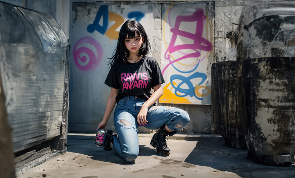 Beautiful girl posing in front of graffiti wall. Beautiful girl on the street with graffiti walls.