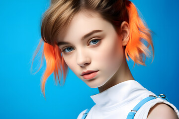 Colorful studio portrait of a cool teenager girl with age specific outfit and accessories. Bold, vibrant and minimalist. Generative AI