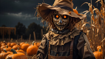 halloween scarecrow and pumpkins in the field Scary scarecrow figure with a carved pumpkin head stands amidst a field of vibrant orange pumpkins happy halloween - obrazy, fototapety, plakaty