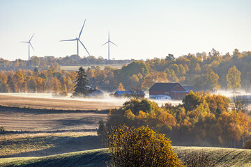 Rural landscape view in the countryside with mist and autumn colors