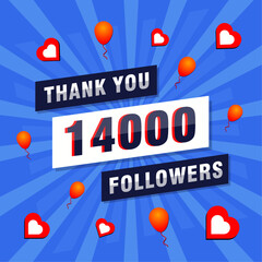 Thank you 14000 or 14k followers. Congratulation card. Greeting social card thank you followers.