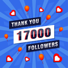 Thank you 17000 or 17k followers. Congratulation card. Greeting social card thank you followers.