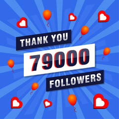 Thank you 79000 or 79k followers. Congratulation card. Greeting social card thank you followers.