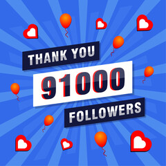 Thank you 91000 or 91k followers. Congratulation card. Greeting social card thank you followers.
