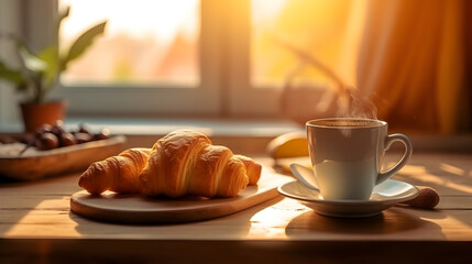 breakfast with croissant and coffee