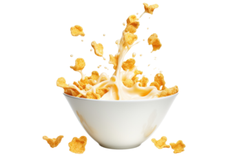 Corn flakes and milk dropping into a bowl on a white background studio shot