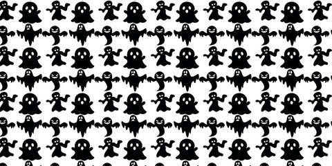Halloween Ghost Pattern vector Background, Monochrome, cartoon-style ghost figures repeating in a seamless pattern. Ideal for Halloween themed designs, spooky events, or horror related content.