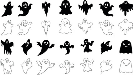 Obraz premium Ghosts Vector Illustration A playful, black and white collection of cartoon ghosts, each with a unique expression. Perfect for Halloween, kids content, or any spooky themed project.
