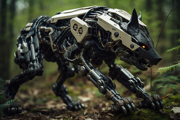 Image of hyena gundam robot technology an ectronic in the forest. Wildlife Animals. Generative AI. Illustration..