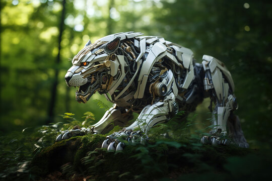 Image of lion gundam robot technology an ectronic in the forest. Wildlife Animals. Generative AI, Illustration.