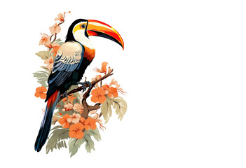 Fototapeta premium Beautiful drawing of a toucan bird perched on a branch. Birds. Wildlife Animals. Illustration, Generative AI.