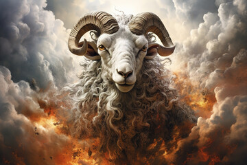 Image of abstract fantasy of sheep with flames and smog. Wildlife Animals. Illustration, Generative AI. - obrazy, fototapety, plakaty