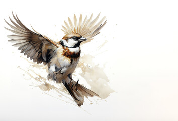 Beautiful watercolor painting of a sparrow bird spreading its wings to fly. Birds. Wildlife Animals. Illustration, Generative AI.