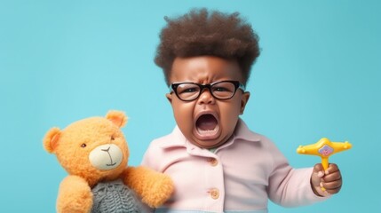 An upset infant boy amidst a blue studio backdrop.