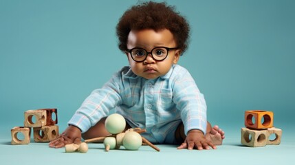 A vexed little boy on a plain blue studio background.