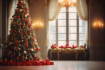 Festive Elegance Greeting: A beautifully decorated Christmas room with a softly blurred, bright ambiance. Highlight the elegance of the holiday season with classic ornaments and a dazzling tree.　
