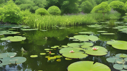 Harmony in Nature: Serene Lily Pad Haven with Joyful Frogs